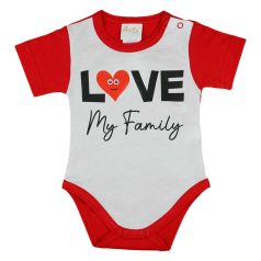   "Love my family" feliratos rövid ujjú baba body piros