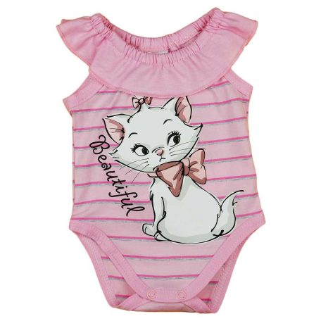 Ujjatlan kislány baba body fodros nyakkal Marie cicával rózsaszín és szürke színben