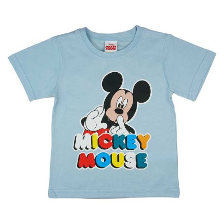Rövid ujjú kisfiú póló Mickey mintával színes felirattal kék színben