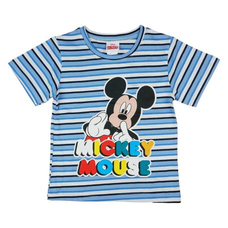 Rövid ujjú kisfiú póló Mickey mintával színes felirattal kék csíkos színben