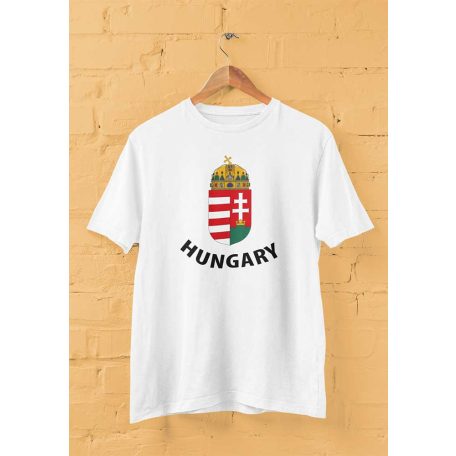 Rövid ujjú férfi póló magyar címerrel és Hungary felirattal